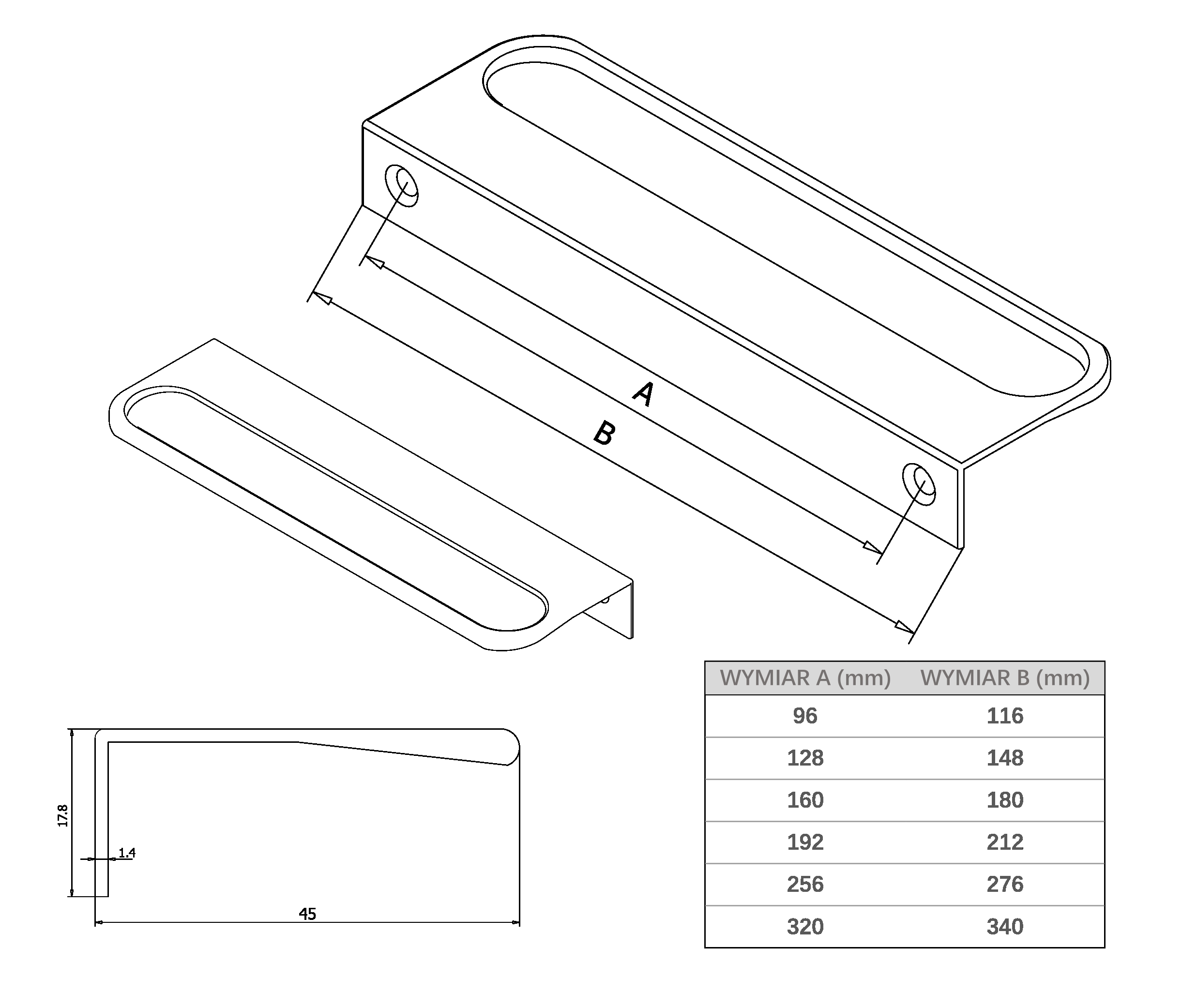 SMARTT UCHWYT KRAWĘDZIOWY UA08 czarny mat 192/212 09