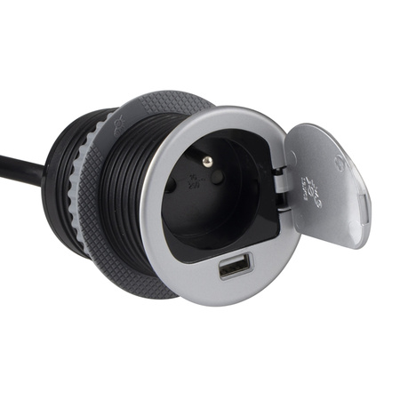 Design Light SINGLE BOX przedłużacz wpuszczany, 1 x gniazdo francuskie, 1 x USB A, kolor aluminiowy