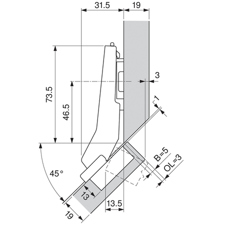 BLUM 79B3598 CLIP top BLUMOTION zawias kątowy 45° II, Nakładany, puszka: INSERTA