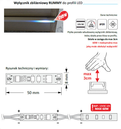 Design Light Wyłącznik IR RUMMY 12VDC 60W, działający przez klosz z 2m przewodem